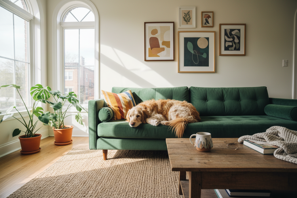 a hairy dog on a green couch with a wide angle view. should be astetic